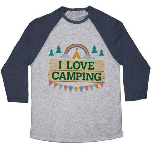 Virgin Teez  Baseball Tee Unisex Tri-Blend Baseball Tee / small / Athletic Gray / Navy I LOVE CAMPING (POCKET CAMP PARODY) UNISEX TRI-BLEND BASEBALL TEE