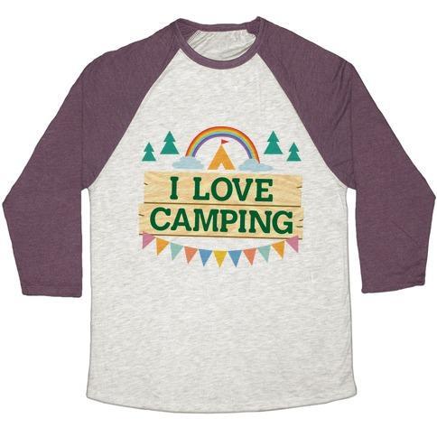 Virgin Teez  Baseball Tee Unisex Tri-Blend Baseball Tee / small / Oatmeal / Maroon I LOVE CAMPING (POCKET CAMP PARODY) UNISEX TRI-BLEND BASEBALL TEE