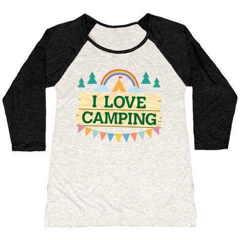 Virgin Teez  Baseball Tee Women's Tri-Blend Baseball Tee / small / Oatmeal / Black I LOVE CAMPING (POCKET CAMP PARODY) WOMEN'S TRI-BLEND BASEBALL TEE