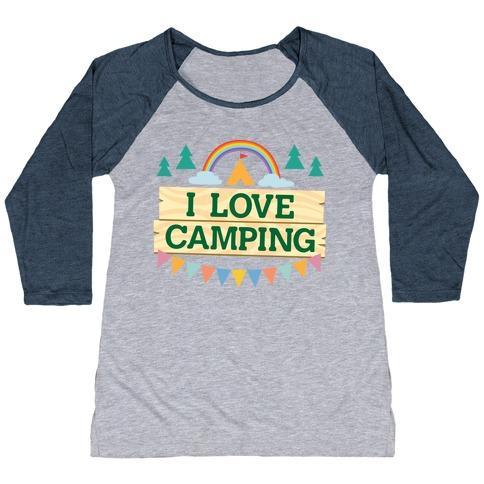 Virgin Teez  Baseball Tee Women's Tri-Blend Baseball Tee / small / Athletic Gray / Navy I LOVE CAMPING (POCKET CAMP PARODY) WOMEN'S TRI-BLEND BASEBALL TEE