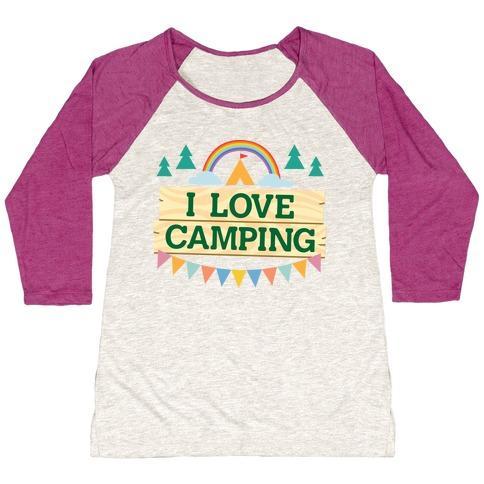 Virgin Teez  Baseball Tee Women's Tri-Blend Baseball Tee / small / Oatmeal / Berry I LOVE CAMPING (POCKET CAMP PARODY) WOMEN'S TRI-BLEND BASEBALL TEE