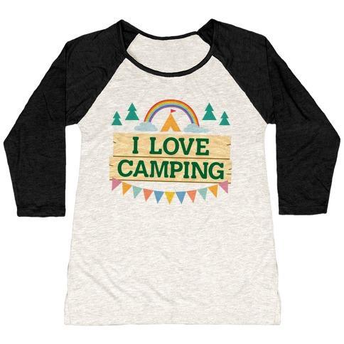 Virgin Teez  Baseball Tee Women's Tri-Blend Baseball Tee / small / Oatmeal / Black I LOVE CAMPING (POCKET CAMP PARODY) WOMEN'S TRI-BLEND BASEBALL TEE