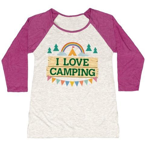 Virgin Teez  Baseball Tee Women's Tri-Blend Baseball Tee / small / Oatmeal / Berry I LOVE CAMPING (POCKET CAMP PARODY) WOMEN'S TRI-BLEND BASEBALL TEE