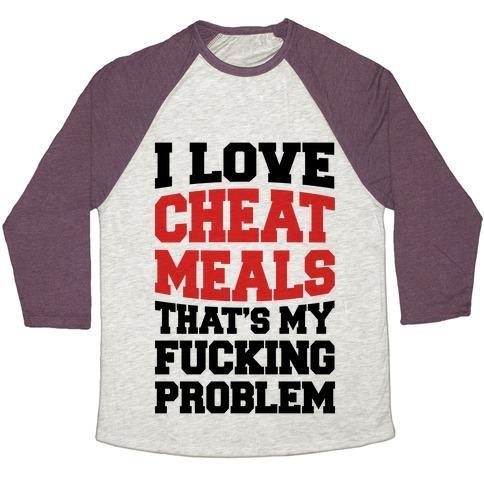Virgin Teez  Baseball Tee Unisex Tri-Blend Baseball Tee / small / Oatmeal / Maroon I LOVE CHEAT MEALS THAT'S MY F***ING PROBLEM UNISEX TRI-BLEND BASEBALL TEE