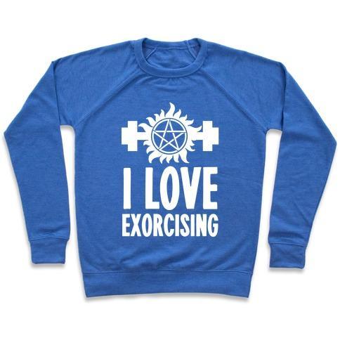 Virgin Teez  Pullover Crewneck Sweatshirt / x-small / Heathered Blue I LOVE EXORCISING CREWNECK SWEATSHIRT