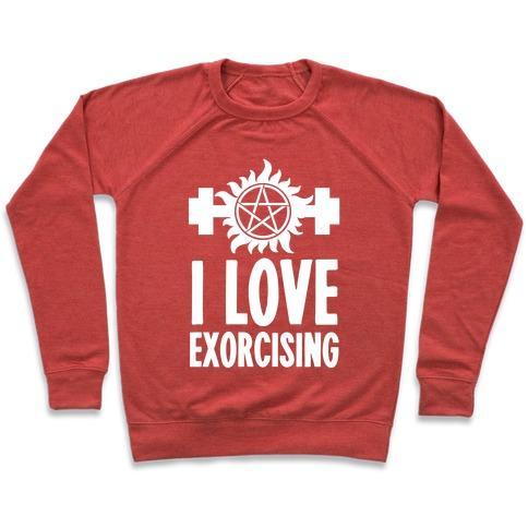 Virgin Teez  Pullover Crewneck Sweatshirt / x-small / Heathered Red I LOVE EXORCISING CREWNECK SWEATSHIRT