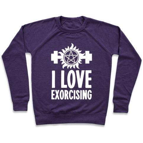 Virgin Teez  Pullover Crewneck Sweatshirt / x-small / Purple I LOVE EXORCISING CREWNECK SWEATSHIRT