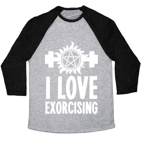Virgin Teez  Baseball Tee Unisex Tri-Blend Baseball Tee / small / Athletic Gray / Black I LOVE EXORCISING UNISEX TRI-BLEND BASEBALL TEE