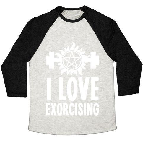 Virgin Teez  Baseball Tee Unisex Tri-Blend Baseball Tee / small / Oatmeal / Black I LOVE EXORCISING UNISEX TRI-BLEND BASEBALL TEE