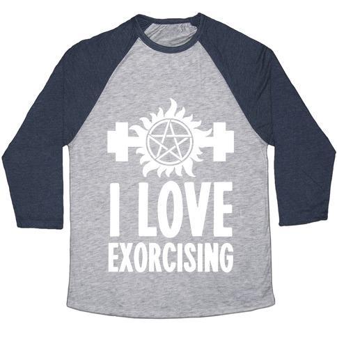 Virgin Teez  Baseball Tee Unisex Tri-Blend Baseball Tee / small / Athletic Gray / Navy I LOVE EXORCISING UNISEX TRI-BLEND BASEBALL TEE