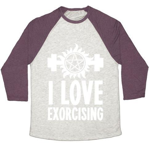 Virgin Teez  Baseball Tee Unisex Tri-Blend Baseball Tee / small / Oatmeal / Maroon I LOVE EXORCISING UNISEX TRI-BLEND BASEBALL TEE