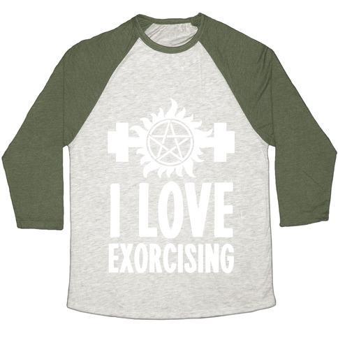 Virgin Teez  Baseball Tee Unisex Tri-Blend Baseball Tee / small / Oatmeal / Moss I LOVE EXORCISING UNISEX TRI-BLEND BASEBALL TEE