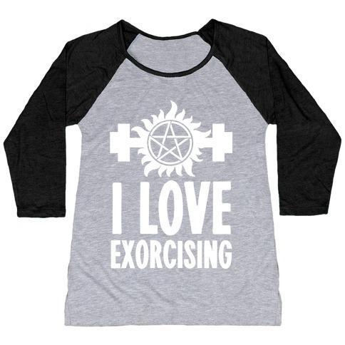 Virgin Teez  Baseball Tee Women's Tri-Blend Baseball Tee / small / Athletic Gray / Black I LOVE EXORCISING WOMEN'S TRI-BLEND BASEBALL TEE