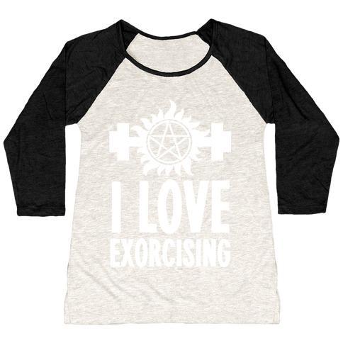 Virgin Teez  Baseball Tee Women's Tri-Blend Baseball Tee / small / Oatmeal / Black I LOVE EXORCISING WOMEN'S TRI-BLEND BASEBALL TEE