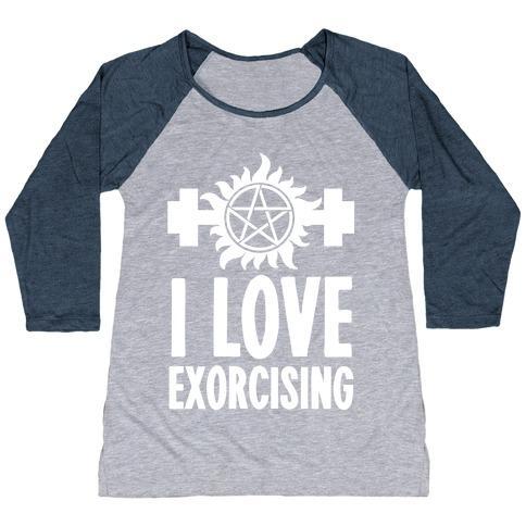 Virgin Teez  Baseball Tee Women's Tri-Blend Baseball Tee / small / Athletic Gray / Navy I LOVE EXORCISING WOMEN'S TRI-BLEND BASEBALL TEE
