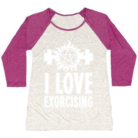 Virgin Teez  Baseball Tee Women's Tri-Blend Baseball Tee / small / Oatmeal / Berry I LOVE EXORCISING WOMEN'S TRI-BLEND BASEBALL TEE