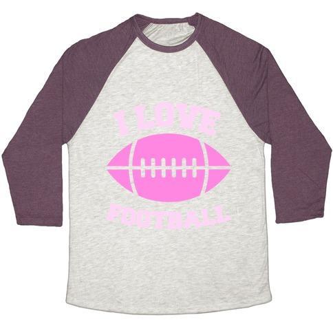 Virgin Teez  Baseball Tee Unisex Tri-Blend Baseball Tee / small / Oatmeal / Maroon I LOVE FOOTBALL UNISEX TRI-BLEND BASEBALL TEE