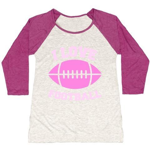 Virgin Teez  Baseball Tee Women's Tri-Blend Baseball Tee / small / Oatmeal / Berry I LOVE FOOTBALL WOMEN'S TRI-BLEND BASEBALL TEE