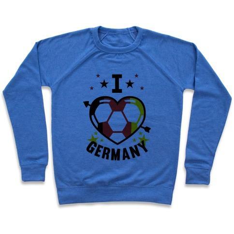 Virgin Teez  Pullover Crewneck Sweatshirt / x-small / Heathered Blue I LOVE GERMANY (SOCCER) CREWNECK SWEATSHIRT