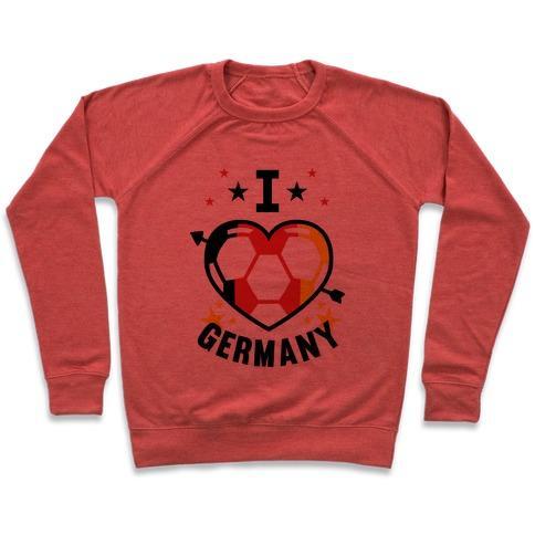 Virgin Teez  Pullover Crewneck Sweatshirt / x-small / Heathered Red I LOVE GERMANY (SOCCER) CREWNECK SWEATSHIRT