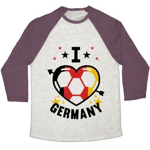 Virgin Teez  Baseball Tee Unisex Tri-Blend Baseball Tee / small / Oatmeal / Maroon I LOVE GERMANY (SOCCER) UNISEX TRI-BLEND BASEBALL TEE