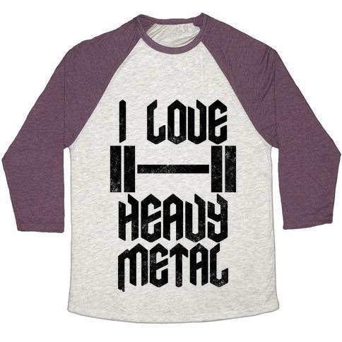 Virgin Teez  Baseball Tee Unisex Tri-Blend Baseball Tee / small / Oatmeal / Maroon I LOVE HEAVY METAL UNISEX TRI-BLEND BASEBALL TEE