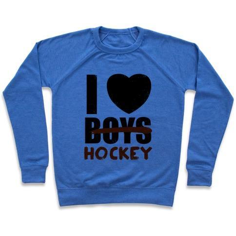 Virgin Teez  Pullover Crewneck Sweatshirt / x-small / Heathered Blue I LOVE HOCKEY MORE THAN BOYS CREWNECK SWEATSHIRT
