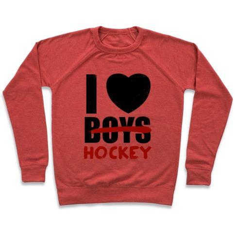 Virgin Teez  Pullover Crewneck Sweatshirt / x-small / Heathered Red I LOVE HOCKEY MORE THAN BOYS CREWNECK SWEATSHIRT