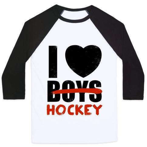 Virgin Teez  Baseball Tee Unisex Classic Baseball Tee / x-small / White/Black I LOVE HOCKEY MORE THAN BOYS UNISEX CLASSIC BASEBALL TEE