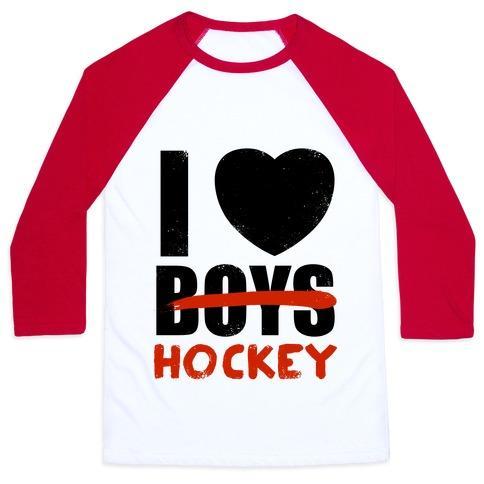 Virgin Teez  Baseball Tee Unisex Classic Baseball Tee / x-small / White/Red I LOVE HOCKEY MORE THAN BOYS UNISEX CLASSIC BASEBALL TEE