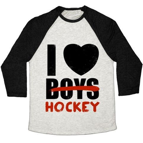 Virgin Teez  Baseball Tee Unisex Tri-Blend Baseball Tee / small / Oatmeal / Black I LOVE HOCKEY MORE THAN BOYS UNISEX TRI-BLEND BASEBALL TEE