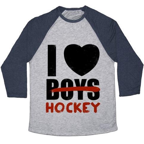 Virgin Teez  Baseball Tee Unisex Tri-Blend Baseball Tee / small / Athletic Gray / Navy I LOVE HOCKEY MORE THAN BOYS UNISEX TRI-BLEND BASEBALL TEE