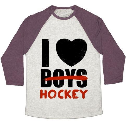 Virgin Teez  Baseball Tee Unisex Tri-Blend Baseball Tee / small / Oatmeal / Maroon I LOVE HOCKEY MORE THAN BOYS UNISEX TRI-BLEND BASEBALL TEE
