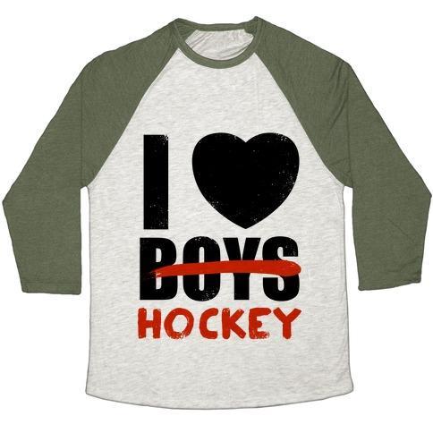 Virgin Teez  Baseball Tee Unisex Tri-Blend Baseball Tee / small / Oatmeal / Moss I LOVE HOCKEY MORE THAN BOYS UNISEX TRI-BLEND BASEBALL TEE