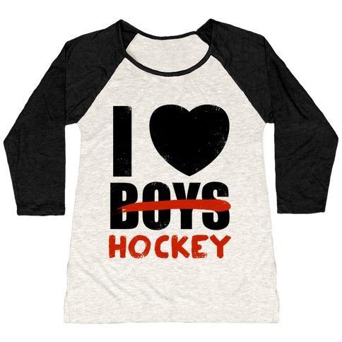 Virgin Teez  Baseball Tee Women's Tri-Blend Baseball Tee / small / Oatmeal / Black I LOVE HOCKEY MORE THAN BOYS WOMEN'S TRI-BLEND BASEBALL TEE