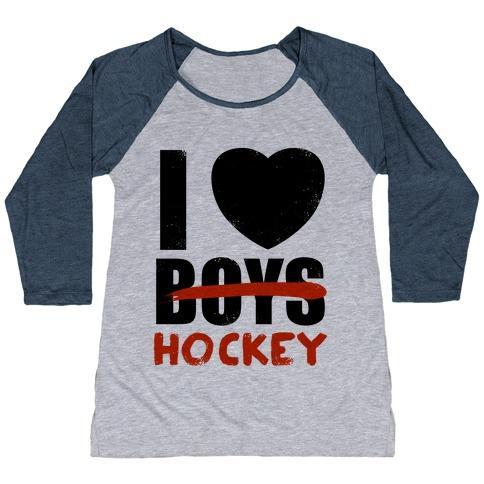 Virgin Teez  Baseball Tee Women's Tri-Blend Baseball Tee / small / Athletic Gray / Navy I LOVE HOCKEY MORE THAN BOYS WOMEN'S TRI-BLEND BASEBALL TEE