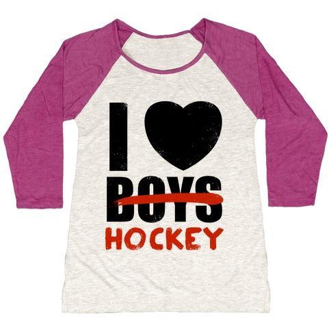 Virgin Teez  Baseball Tee Women's Tri-Blend Baseball Tee / small / Oatmeal / Berry I LOVE HOCKEY MORE THAN BOYS WOMEN'S TRI-BLEND BASEBALL TEE