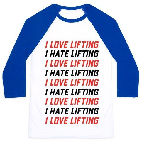 Virgin Teez  Baseball Tee Unisex Classic Baseball Tee / x-small / White/Blue I LOVE LIFTING I HATE LIFTING UNISEX CLASSIC BASEBALL TEE