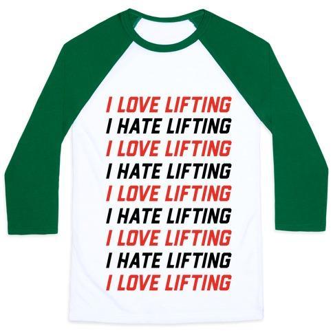 Virgin Teez  Baseball Tee Unisex Classic Baseball Tee / x-small / White/Dark Green I LOVE LIFTING I HATE LIFTING UNISEX CLASSIC BASEBALL TEE