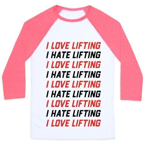 Virgin Teez  Baseball Tee Unisex Classic Baseball Tee / x-small / White/Neon Pink I LOVE LIFTING I HATE LIFTING UNISEX CLASSIC BASEBALL TEE