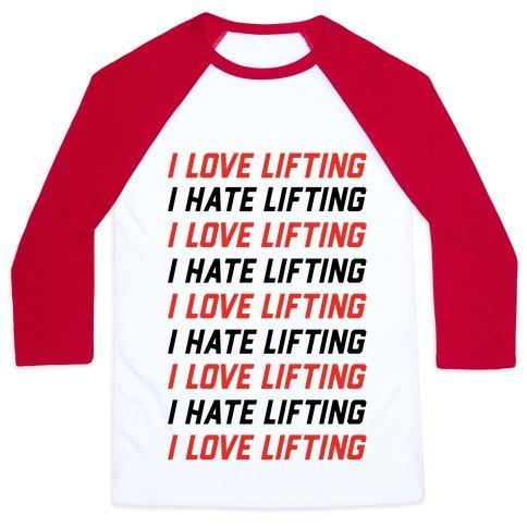 Virgin Teez  Baseball Tee Unisex Classic Baseball Tee / x-small / White/Red I LOVE LIFTING I HATE LIFTING UNISEX CLASSIC BASEBALL TEE