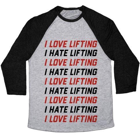 Virgin Teez  Baseball Tee Unisex Tri-Blend Baseball Tee / small / Athletic Gray / Black I LOVE LIFTING I HATE LIFTING UNISEX TRI-BLEND BASEBALL TEE