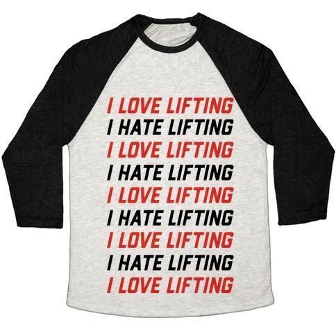 Virgin Teez  Baseball Tee Unisex Tri-Blend Baseball Tee / small / Oatmeal / Black I LOVE LIFTING I HATE LIFTING UNISEX TRI-BLEND BASEBALL TEE