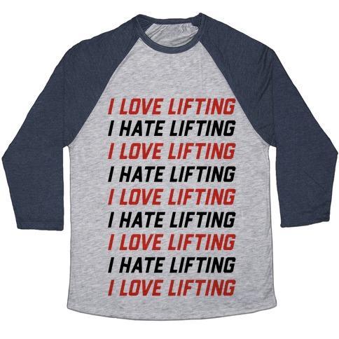 Virgin Teez  Baseball Tee Unisex Tri-Blend Baseball Tee / small / Athletic Gray / Navy I LOVE LIFTING I HATE LIFTING UNISEX TRI-BLEND BASEBALL TEE