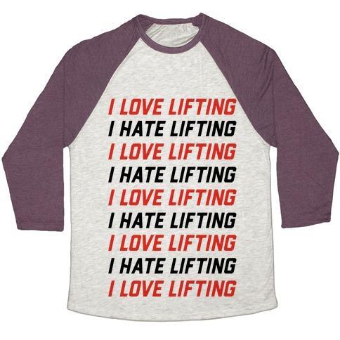 Virgin Teez  Baseball Tee Unisex Tri-Blend Baseball Tee / small / Oatmeal / Maroon I LOVE LIFTING I HATE LIFTING UNISEX TRI-BLEND BASEBALL TEE