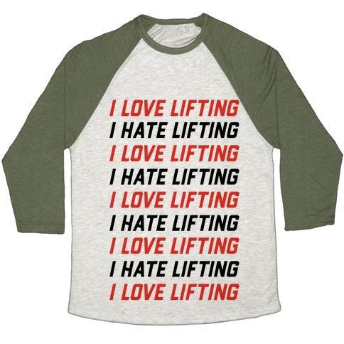 Virgin Teez  Baseball Tee Unisex Tri-Blend Baseball Tee / small / Oatmeal / Moss I LOVE LIFTING I HATE LIFTING UNISEX TRI-BLEND BASEBALL TEE