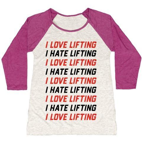 Virgin Teez  Baseball Tee Women's Tri-Blend Baseball Tee / small / Oatmeal / Berry I LOVE LIFTING I HATE LIFTING WOMEN'S TRI-BLEND BASEBALL TEE