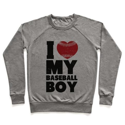 Virgin Teez  Pullover Crewneck Sweatshirt / x-small / Heathered Gray I LOVE MY BASEBALL BOY CREWNECK SWEATSHIRT