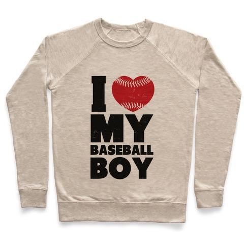 Virgin Teez  Pullover Crewneck Sweatshirt / x-small / Heathered Oatmeal I LOVE MY BASEBALL BOY CREWNECK SWEATSHIRT
