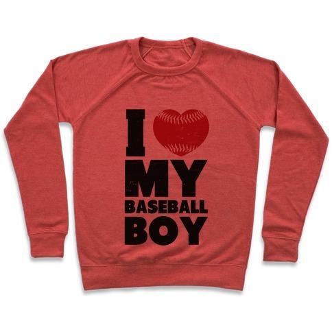 Virgin Teez  Pullover Crewneck Sweatshirt / x-small / Heathered Red I LOVE MY BASEBALL BOY CREWNECK SWEATSHIRT